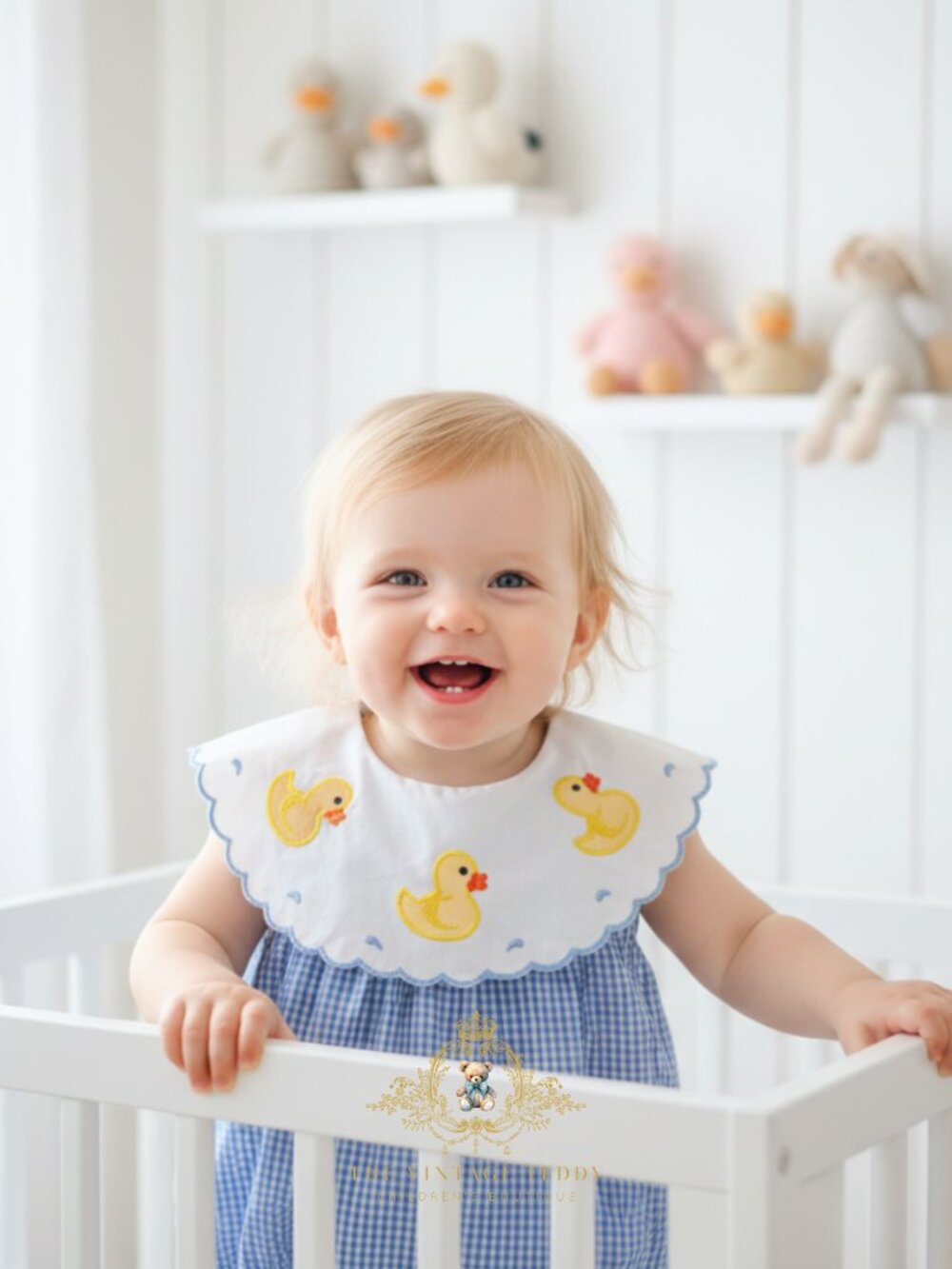 NWT Cute Girls Embroidery Bib Collar Romper One-Piece Gingham Yellow Ducky 6-9M